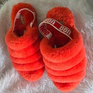 UGG Fluff Yeah Slide Sandals Orange‎ Sheepskin Fur Slip On Women's 8